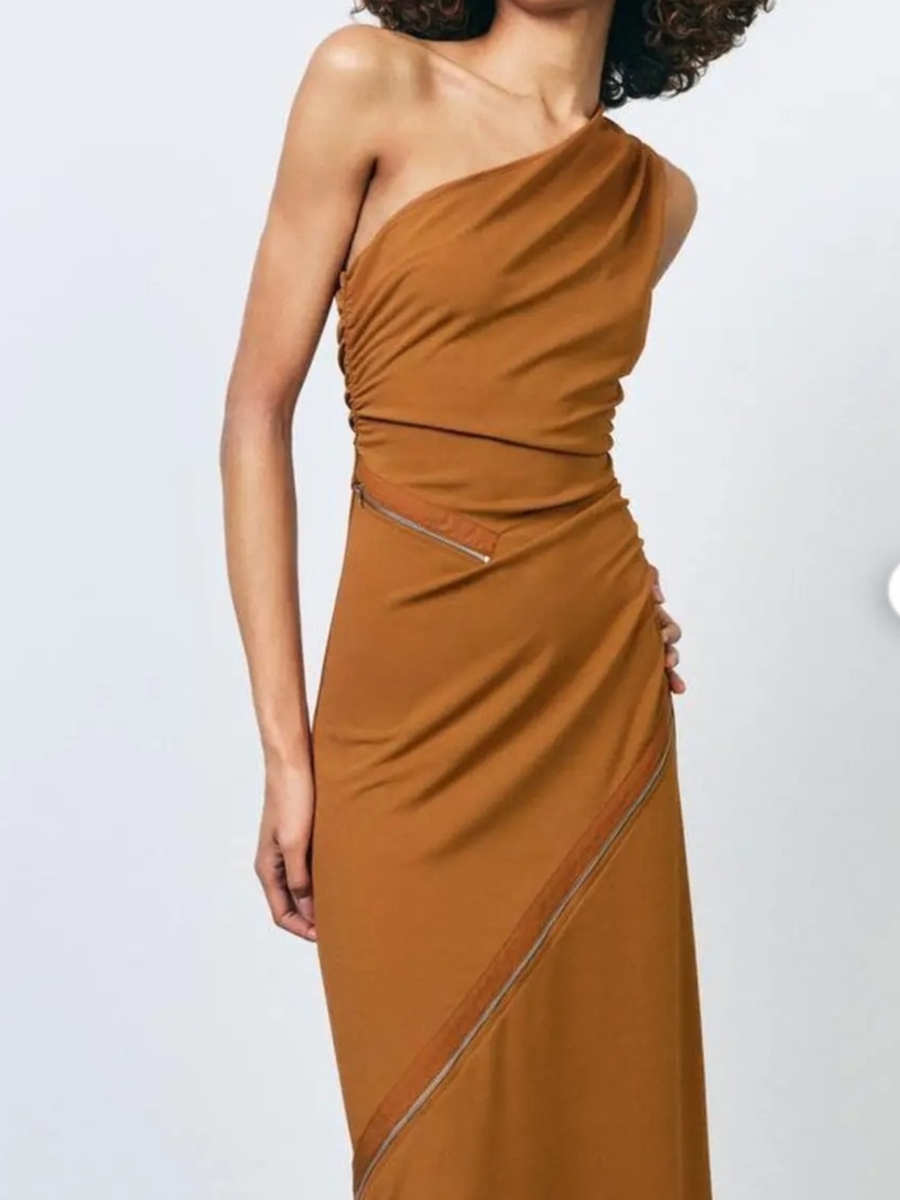 ZARA NWT One Shoulder Asymmetrical Zipper Detail Midi Dress Camel Brown - Size M - Picture 3 of 8